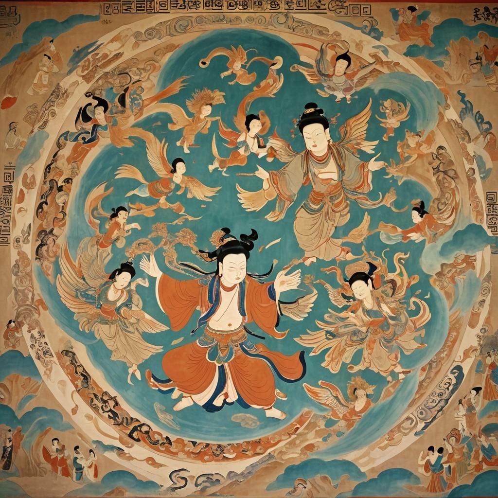 Dunhuang Mural: Flying Deities and Immortals