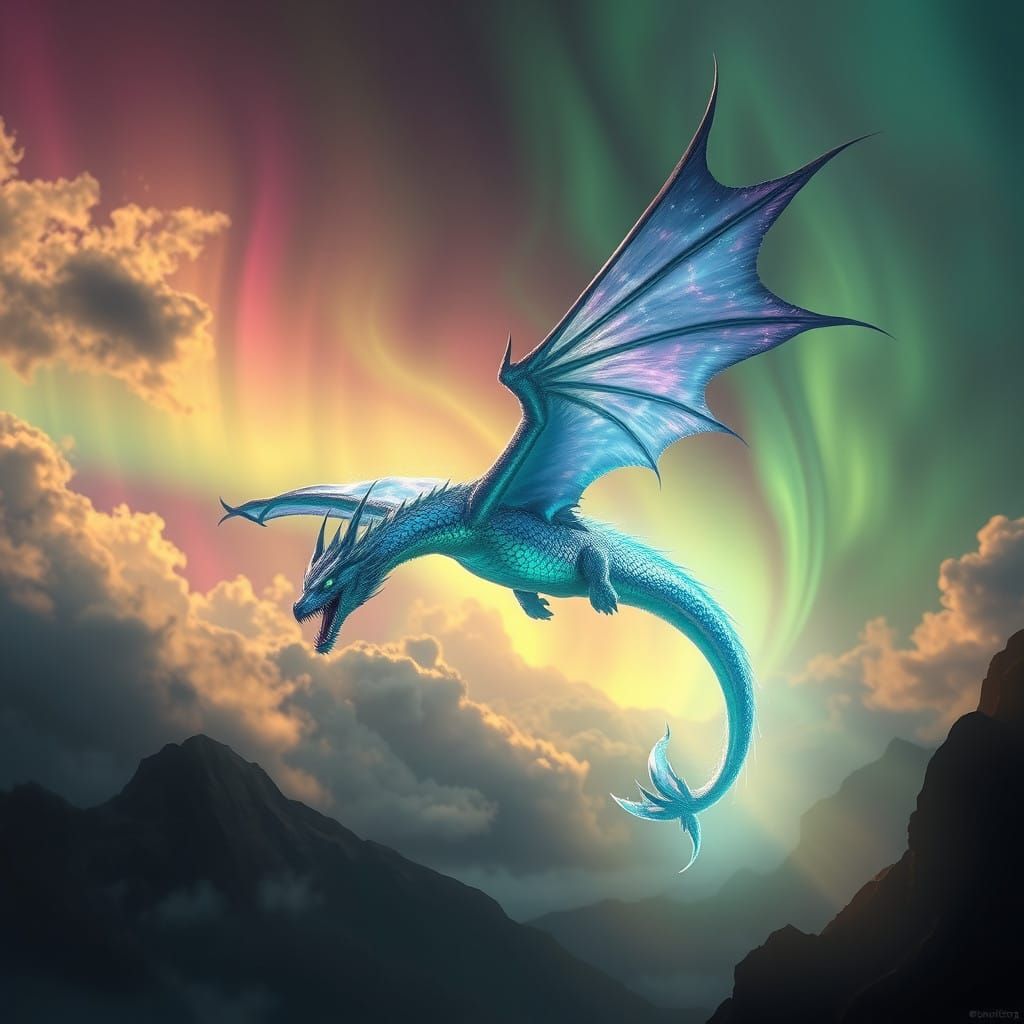 Ethereal Dragon Swoops Amidst Swirling Clouds and Mountains