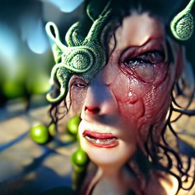 Medusa crying blood bokeh CryEngine Unreal Engine