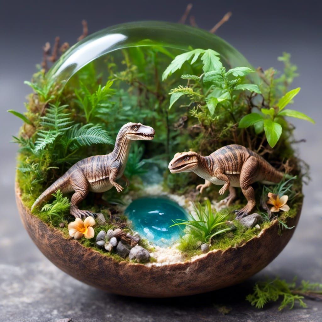 jurassic ecosystem with dinosaurs prehistoric flora in a  <lora:Resin Egg:1.0> resin egg