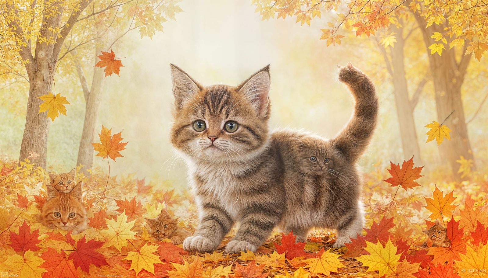 Cute Kitten Playing in Autumn Leaves