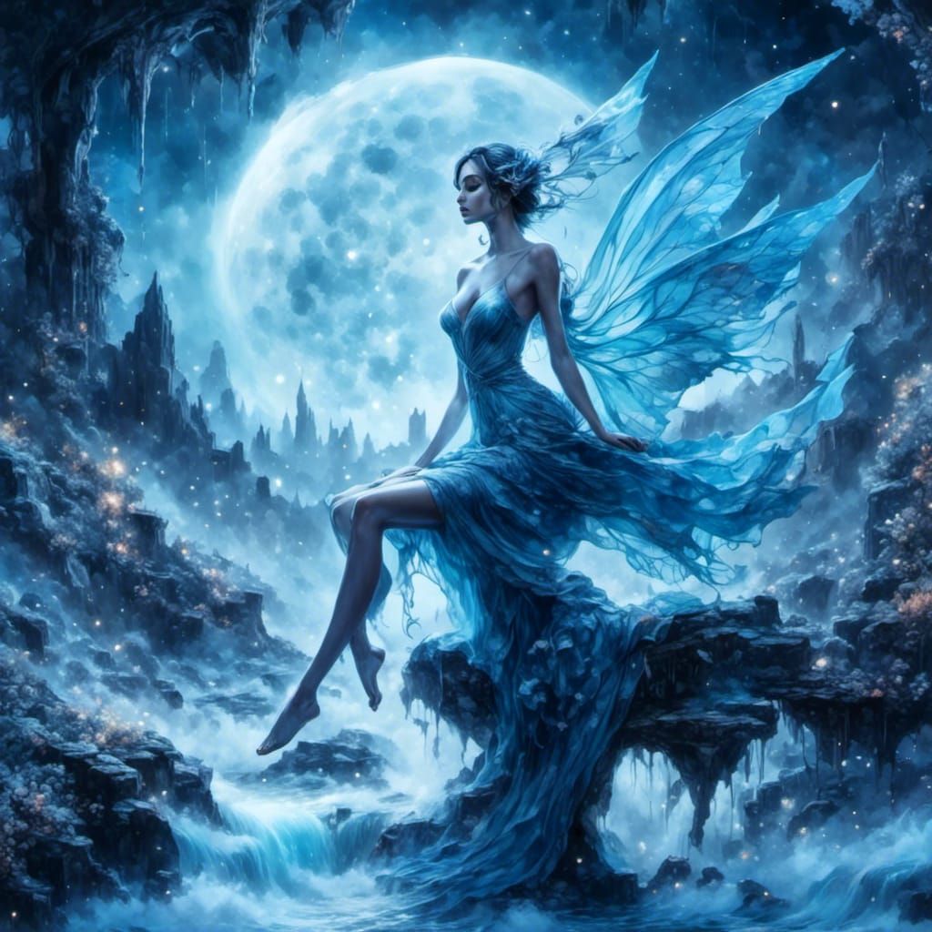 Blue Fairy on Rocky Shores Under Moonlight