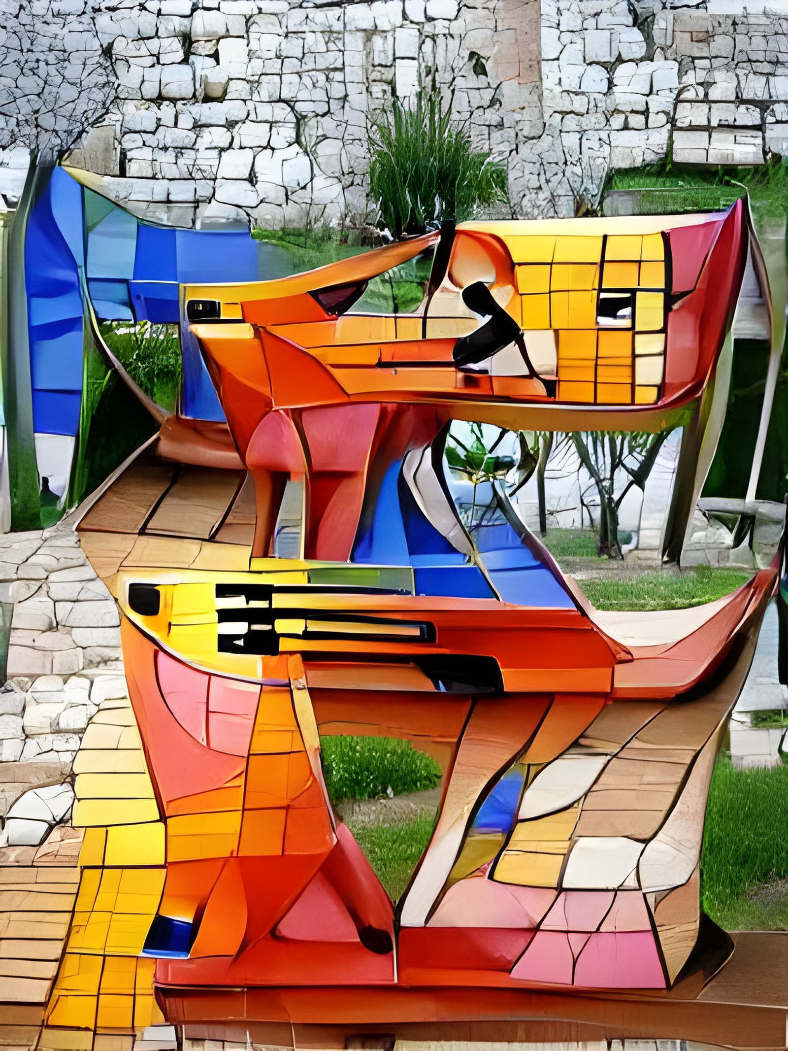 Picasso inspired piano outdoor scene