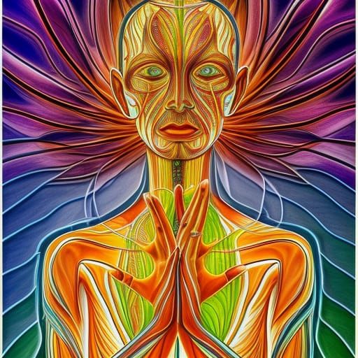 Body and Life, by Alex grey, equilibrium, transparent skin, veins are visible, hue colors, simmetry, water reflection, l...