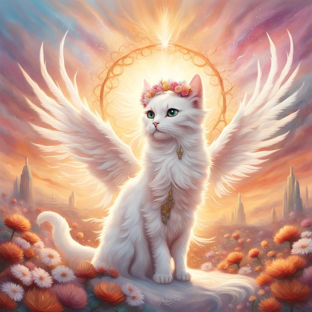 Whimsical Cat and Phoenix in Mystical Realm