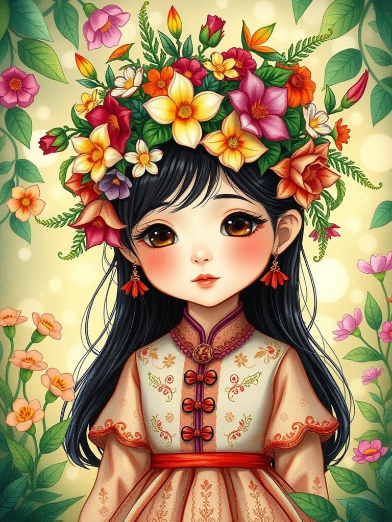 Colorful flowers that look like a beautiful crown on the head of a little girl in traditional dress. Digital art