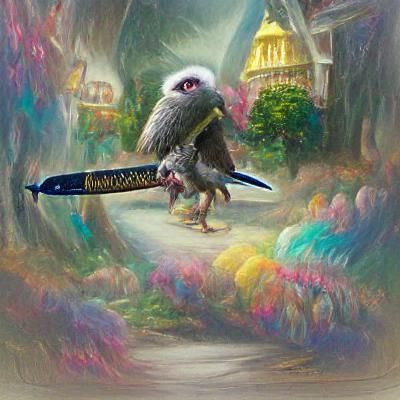 Aarakocra sellsword. Ikoira monsters. Thomas Kinkade.