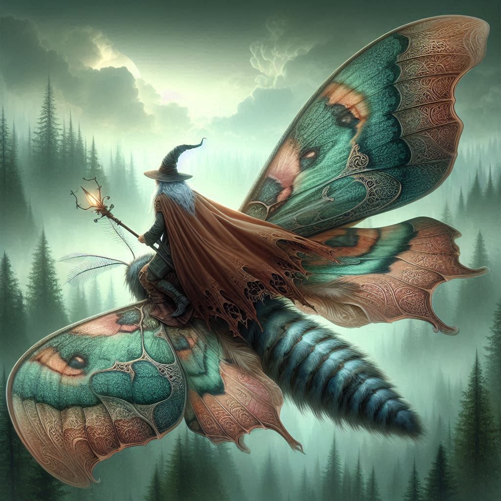 Wizard Rides a Giant Moth - AI Generated Artwork - NightCafe Creator