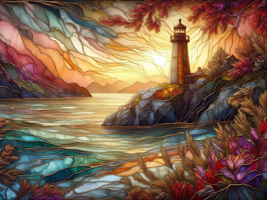 <lora:FiosGildedInk:1.0> Lighthouse on the rocks