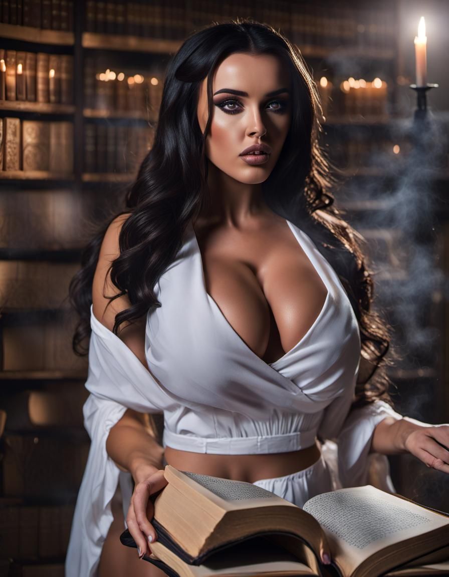 IMAGE DESCRIPTION FORMAT: Section 1: Content Summary: - Subject: Abigail  Ratchford - Activity: Casting a spell to summon a demon - Locat... - AI  Generated Artwork - NightCafe Creator