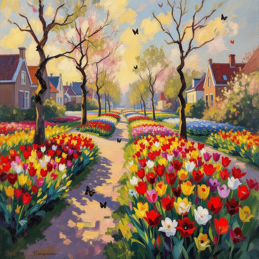Impressionist Tulips and Butterflies in Dutch Streets