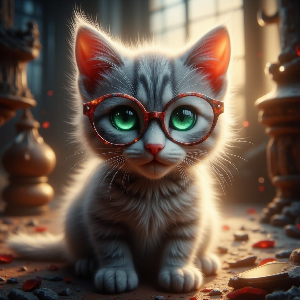 <lora:-Omnious-:1.0> A cute and beautiful little cat with bright green eyes, wearing large, fashionable glasses. The cat has soft, fluffy fu...