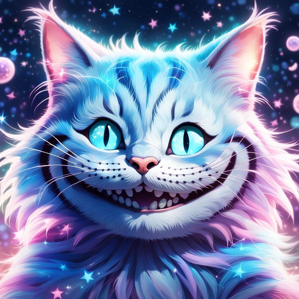Kawaii Anime Cheshire Cat Portrait with Pastel Sparks