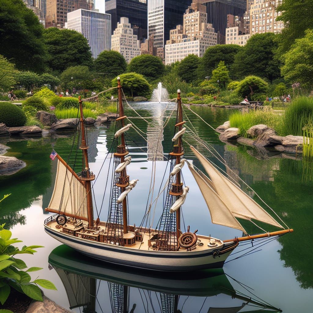 Miniature Sailboat on Urban Pond