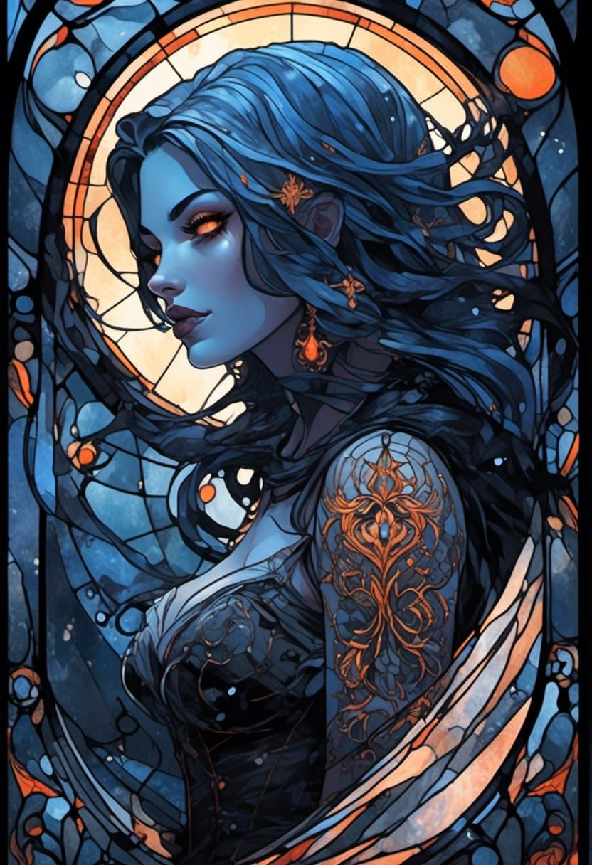 <lora:ShatteredGlass:1.0>  waist up portrait Gorgeous tattooed pin up alternative beauty in attractive low cut black and orange cross weave...