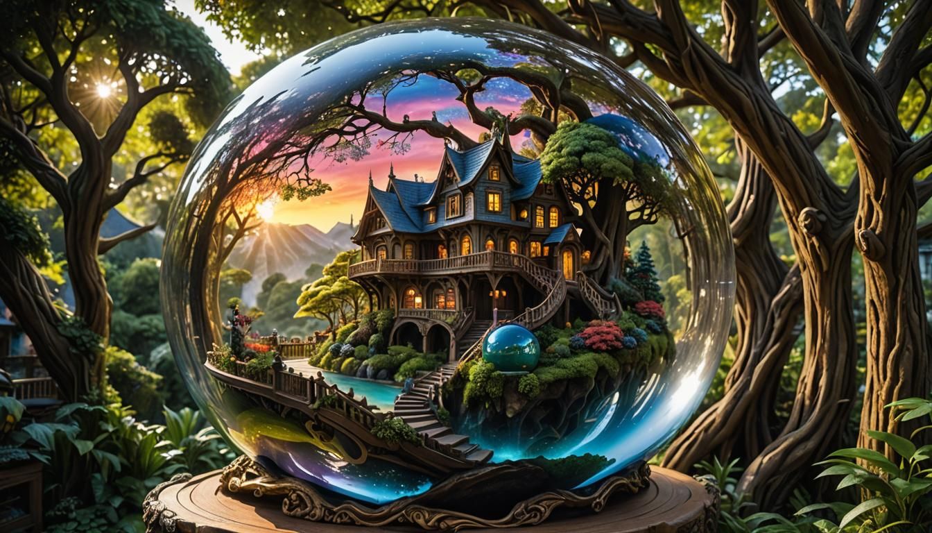 A large glass sphere sculpture, concealed inside the sphere is a a wonderous and beautiful fantasy world ...  by @Lennis