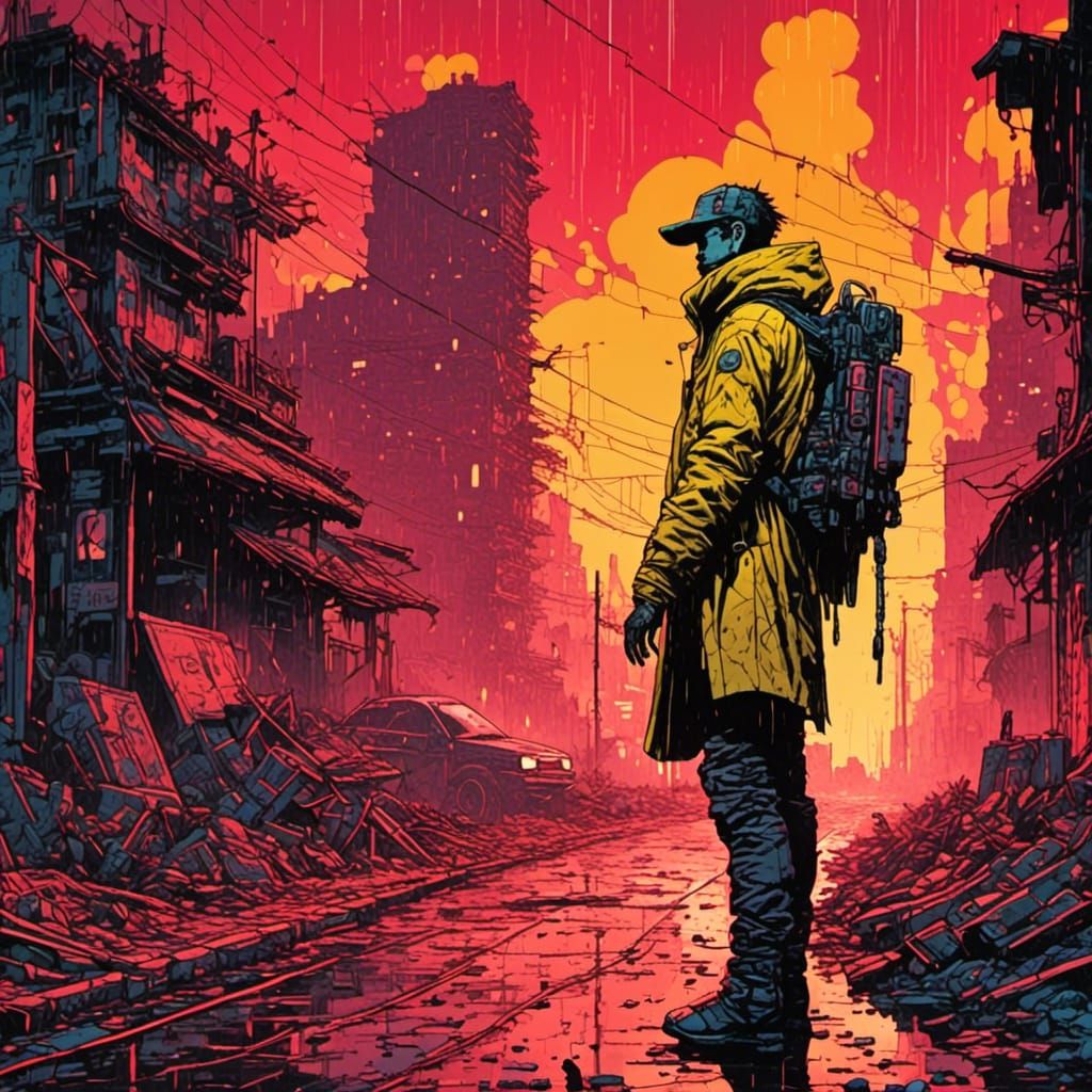 <lora:Linograal:0.75> Linocut, cel-shaded, flat-shading. A cyborg in a leather dustcoat stands in a ruined cyberpunk post-apocalyptic city w...