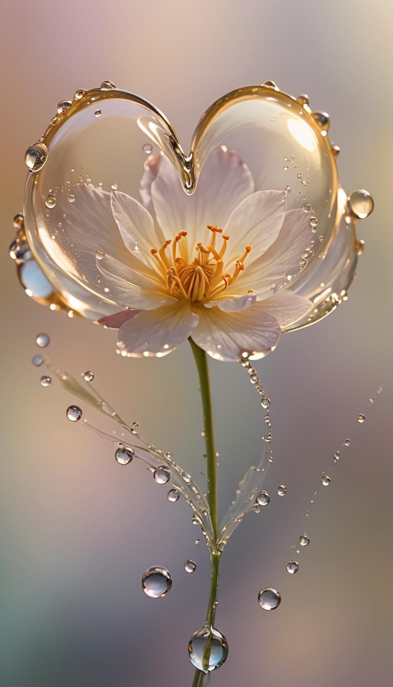 A single delicate flower, with a large dewdrop in the shape ...