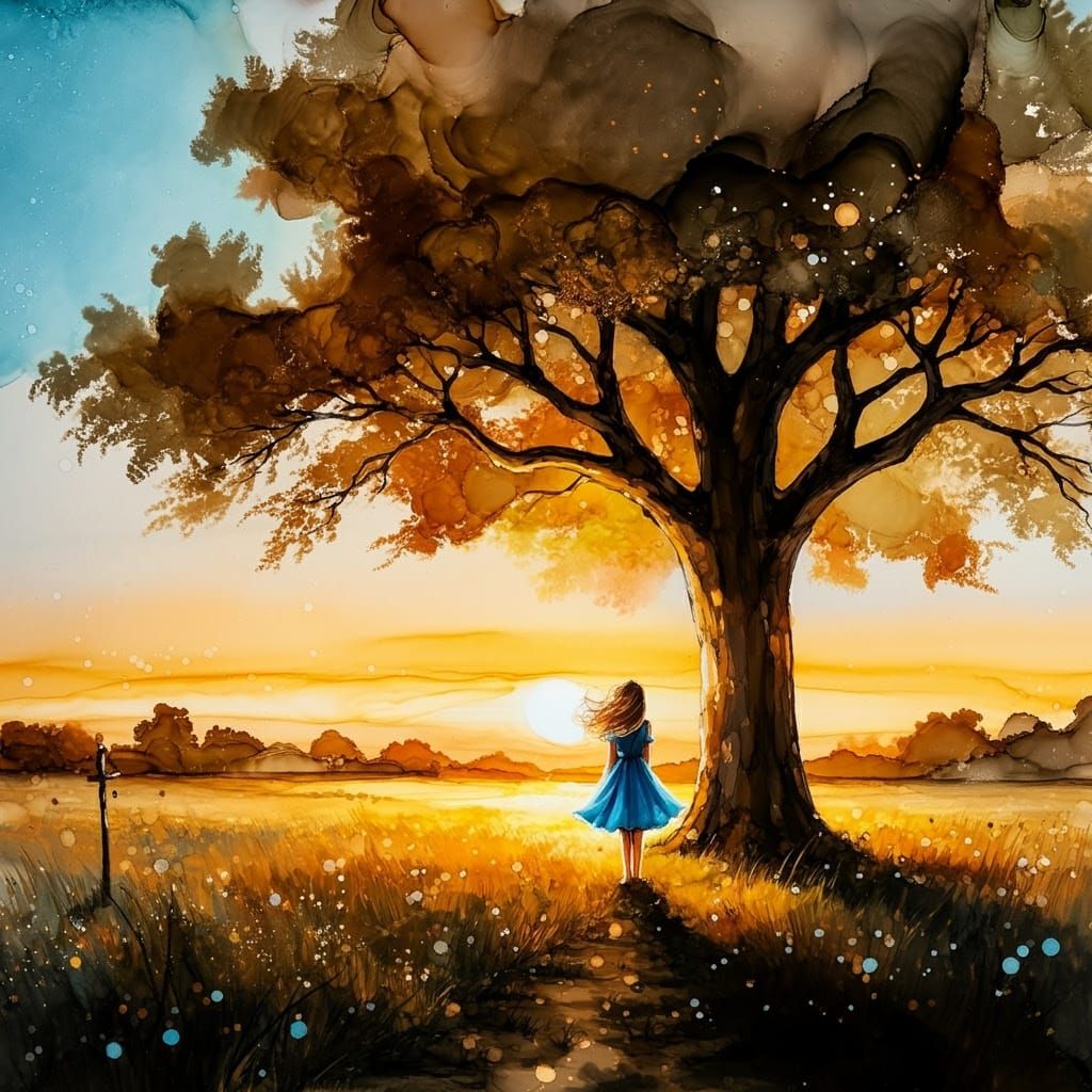 Surreal Sunset Scene in Vibrant Alcohol Ink Watercolor Style