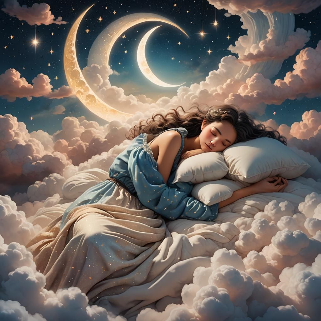 a woman is sleeping on a cloud as stars glitter above her an...