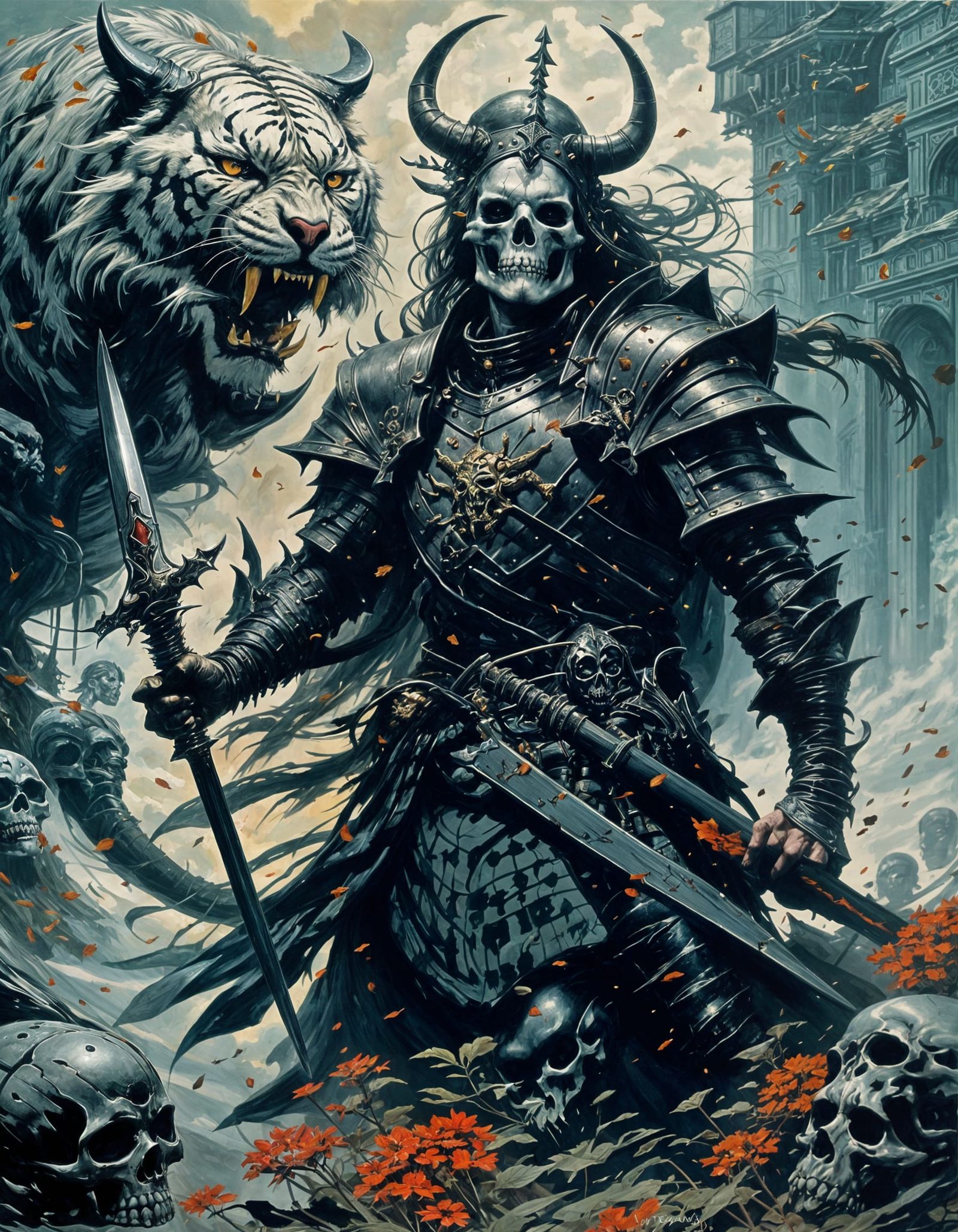 Oni Necromancer with Glowing Sword, Oil Painting Style