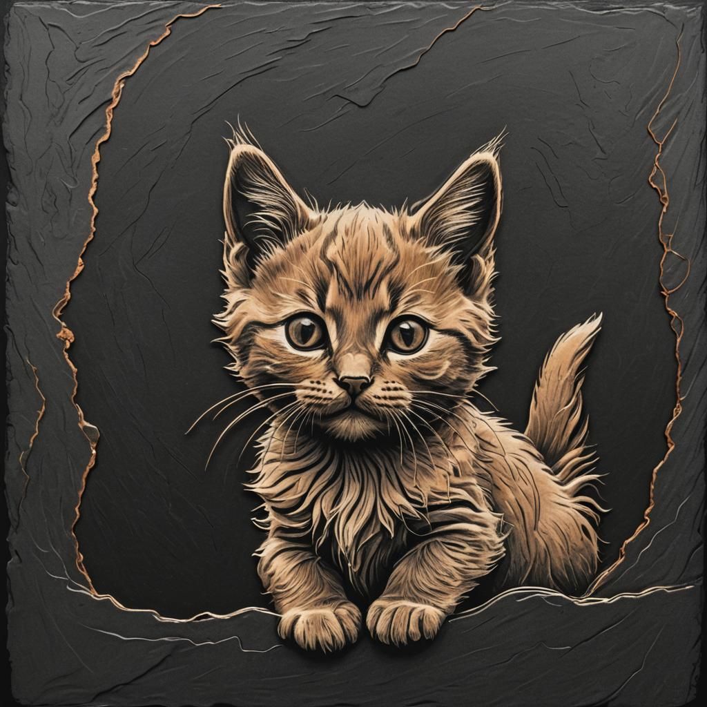 Sketch. Bas-relief. Humorous profile of a small cheerful, funny, fluffy, very small kitten, drawn with a very thin line ...