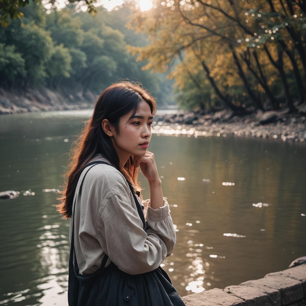 The girl alone in the sad feeling front of river
