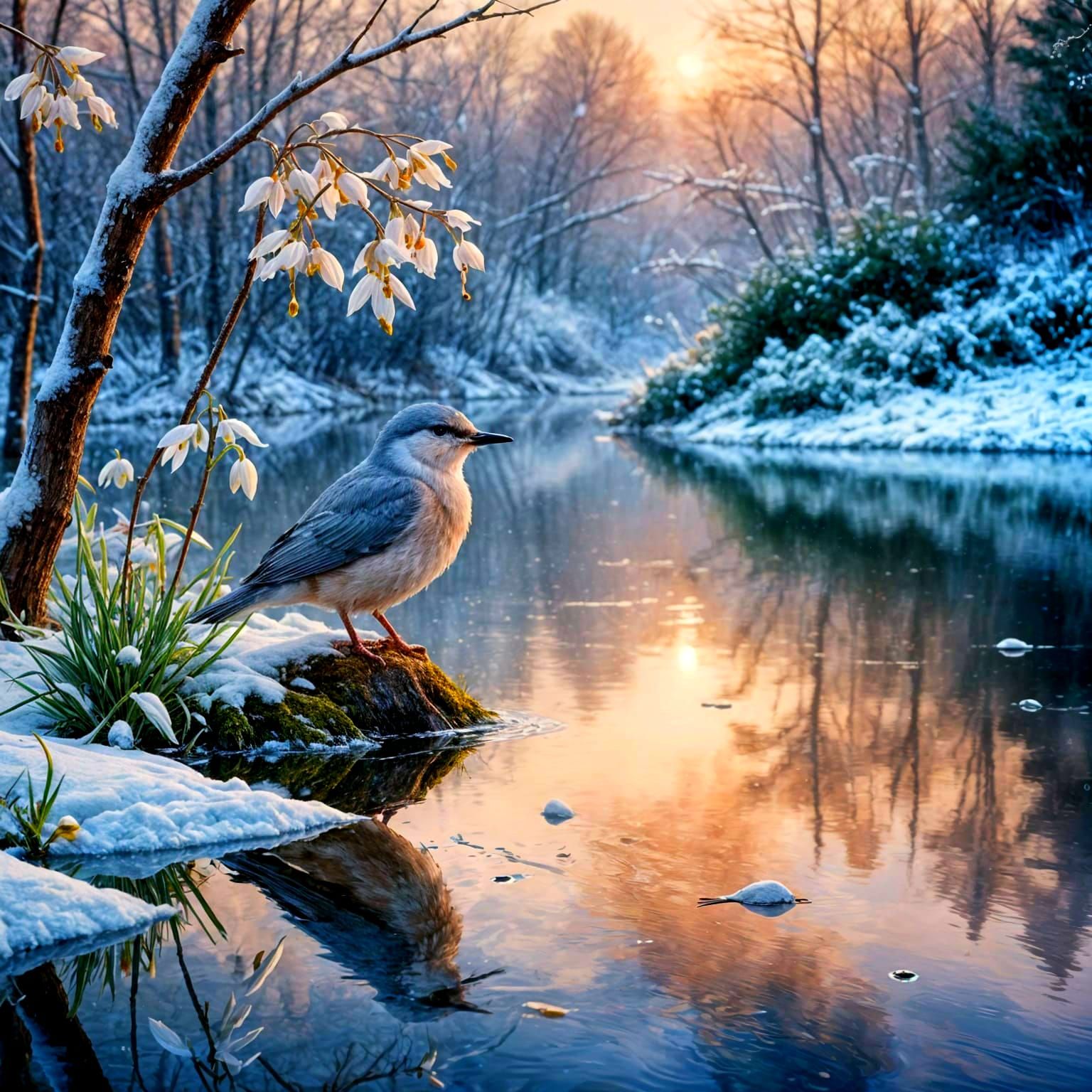 Whimsical Pastel Bird in Snowy Forest