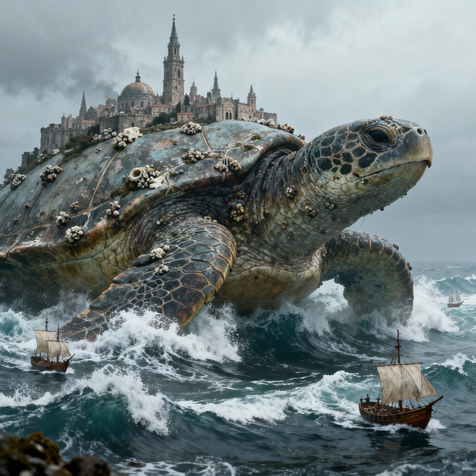 “A colossal sea turtle carrying an entire city on its shell, waves crashing against its sides, tiny ships ...  by @ErinBergum