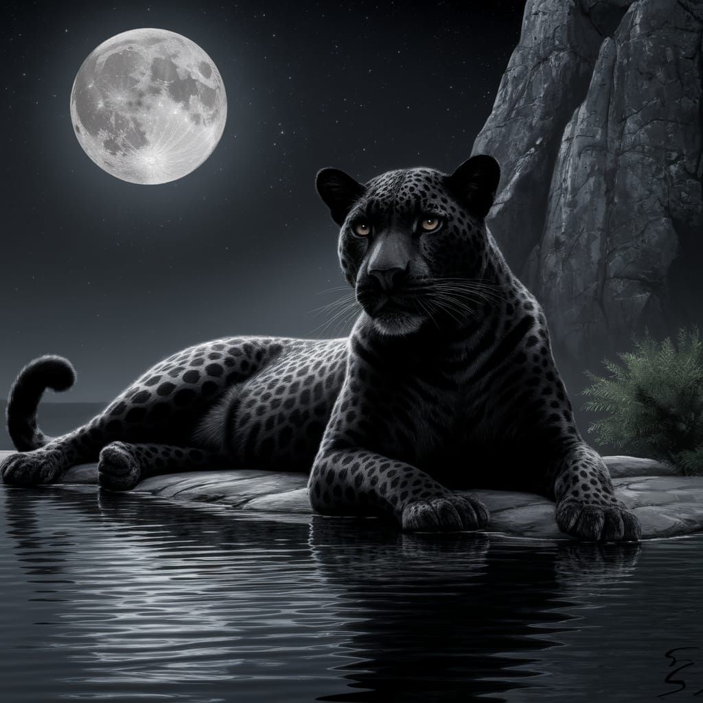black leopard, basking in the moonlight, laying beside a pond, with a rock face with the moon in background ...  by @techs_legacy