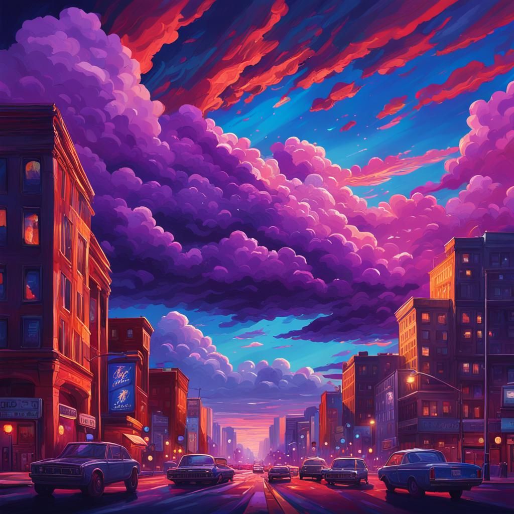 Hyperrealistic Hollywood Sky with Purple Clouds