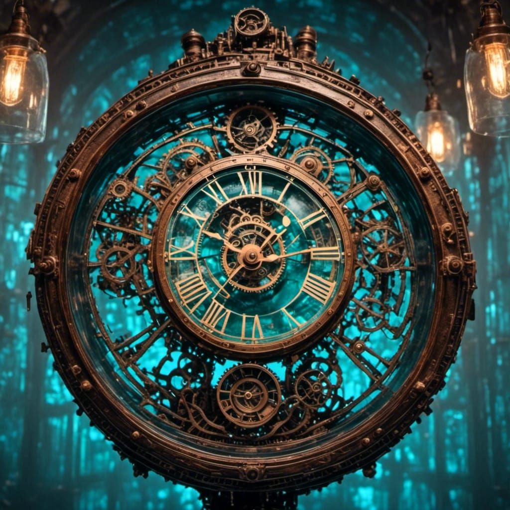 An ornate Steampunk Clock with stunning moving cogs and precision steam pressured pipework and amazing professional leatherwork, hanging ins...