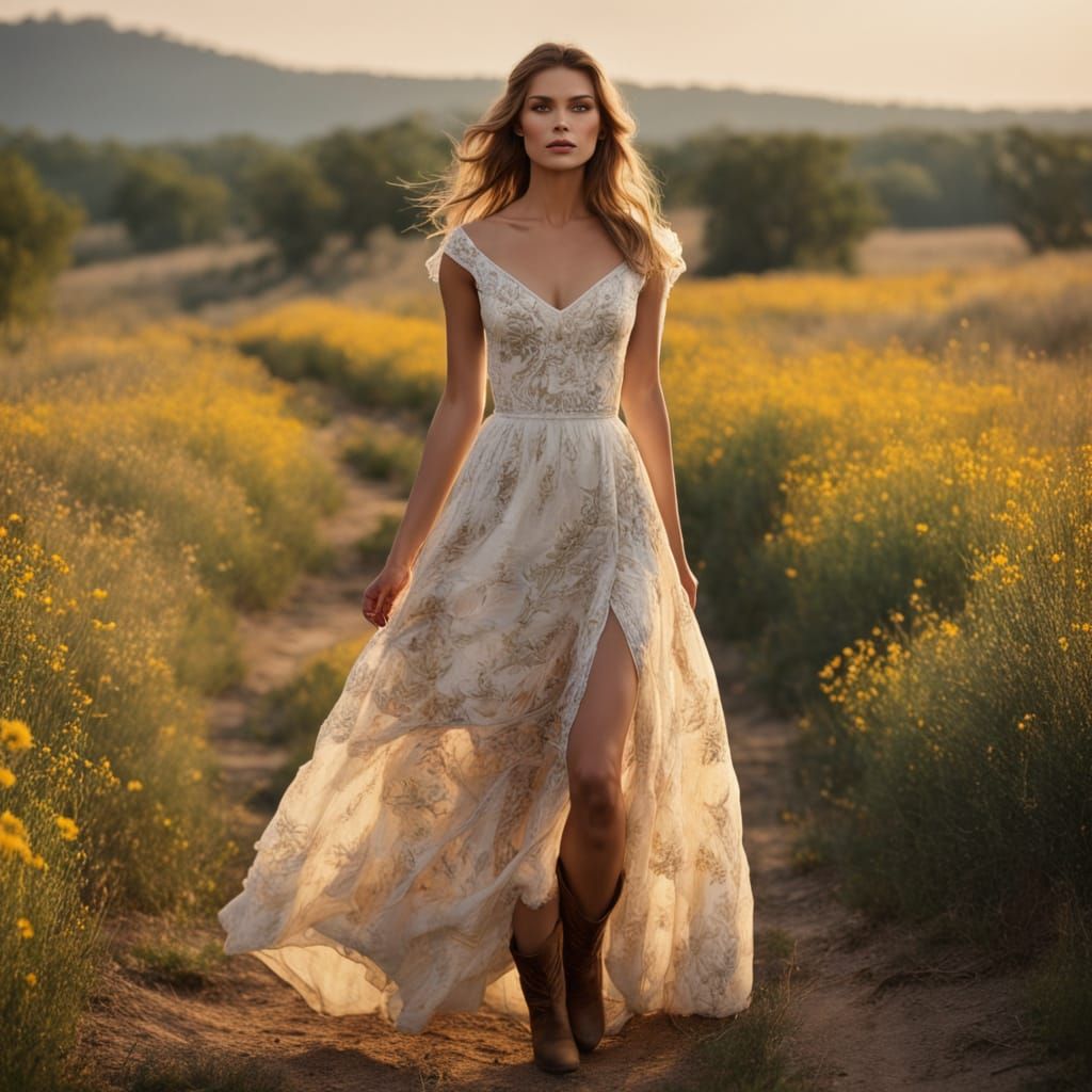 Model in Wildflower Field: Cinematic Oil Painting