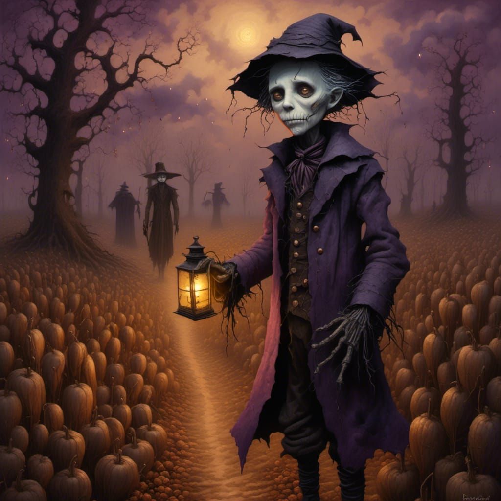 <lora:GrimKey:1.0> Grey haired boy, detailed shiny violet coloured eyes, wearing a shabby scarecrow costume, looking concerned, lantern ligh...