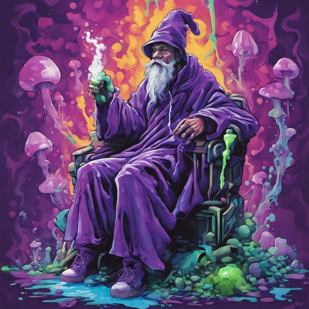 An ancient wizard robed in purple smoking a crystal-green glass pipe ...