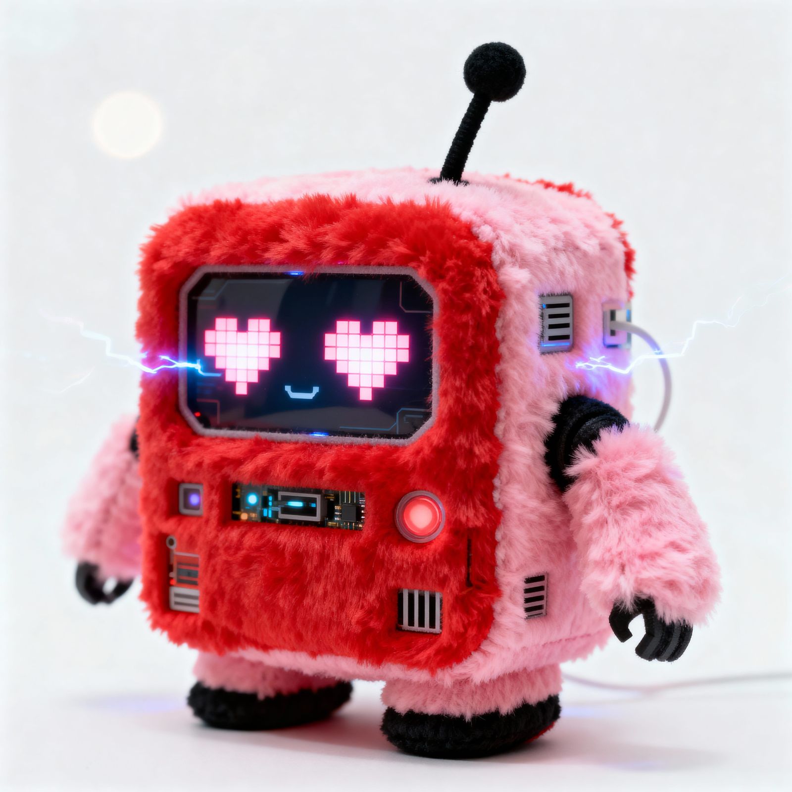 Adorable Fluffy Robot with Pixel Heart Eyes in Studio