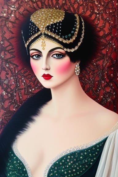highly artistic gouache painting; beautiful girl with 1900s ...