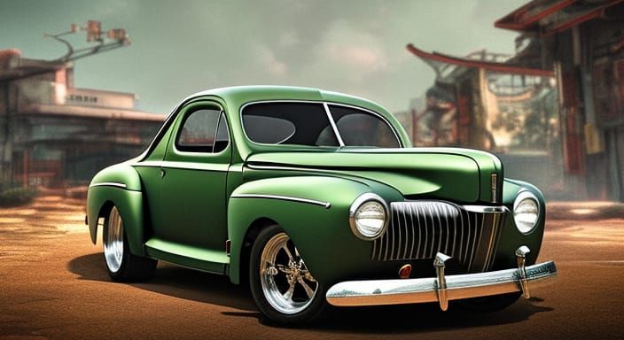Retrocyberpunk 1944 ford coupe in a Cinematic fantasy landsc...