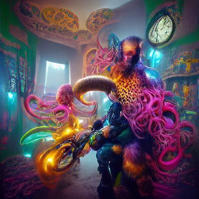Hyper realistic eldritch keeper of time and space with endless tentacles and three horns beautiful colourful volumetric lighting VRay Unreal Engine Jim Burns maximalist detailed painting