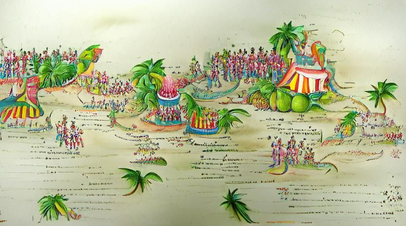 Detailed colored ink on paper, illustration of a tropical island carnival