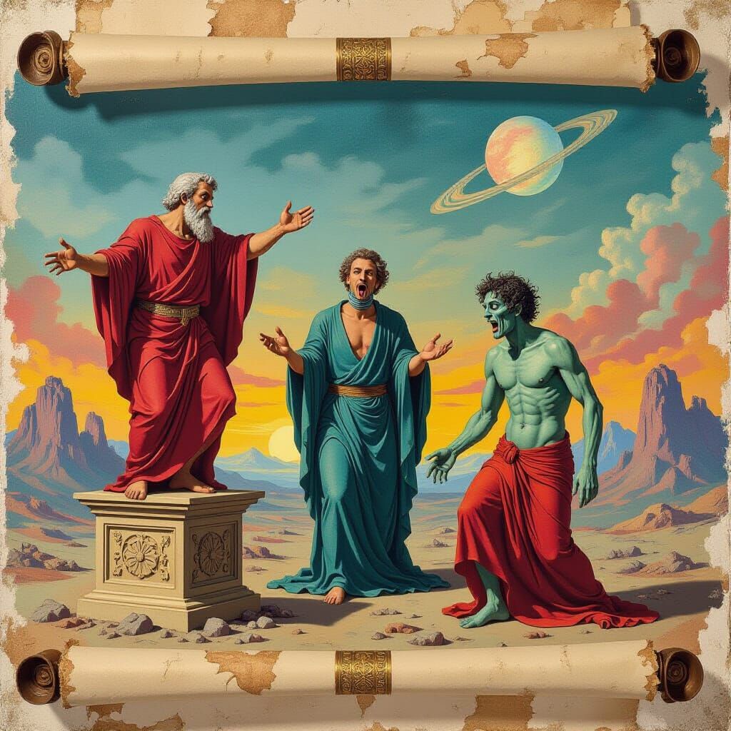 Epic Gouache Painting of Figures in a Surreal Alien Landscap...