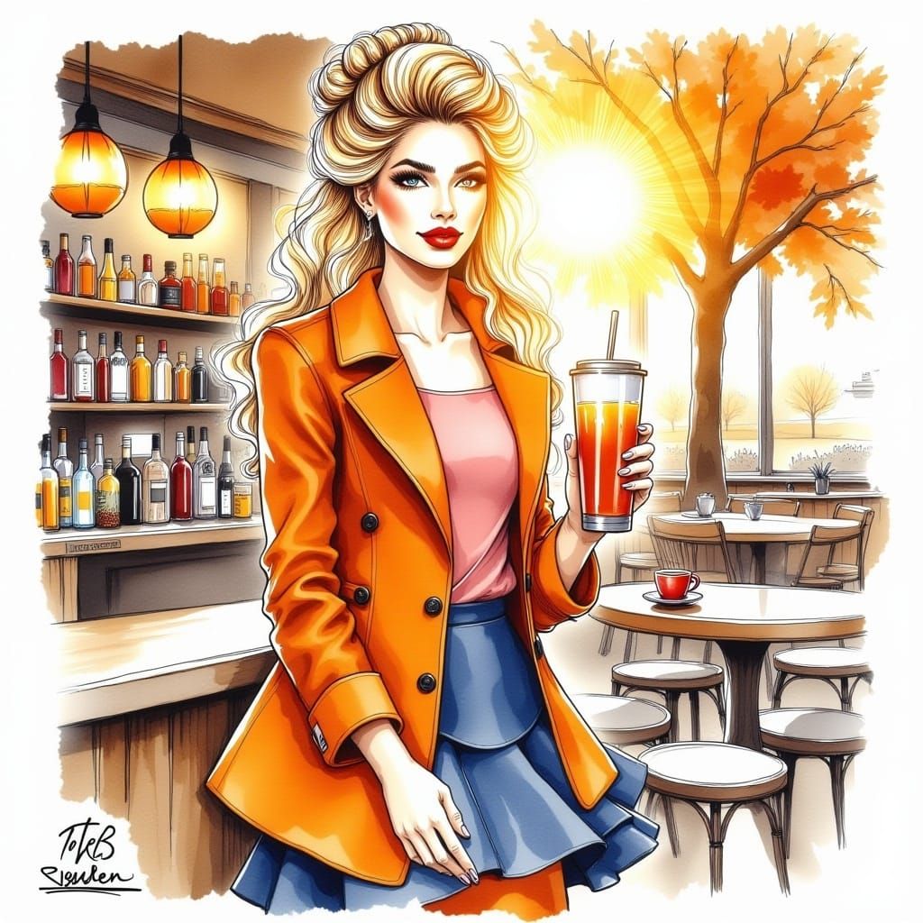 <lora:Alcohol Ink Flux:1.0> A stunning woman, blond wavy hair, braid with bun make up, red lips, bar, drinking coffe , orange short coat , p...