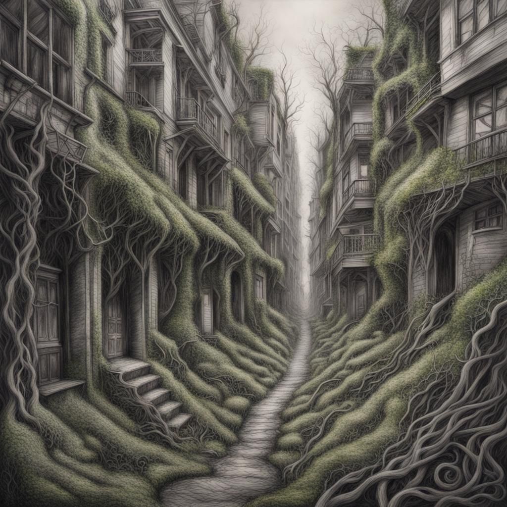 Overgrown city covered in vines and moss