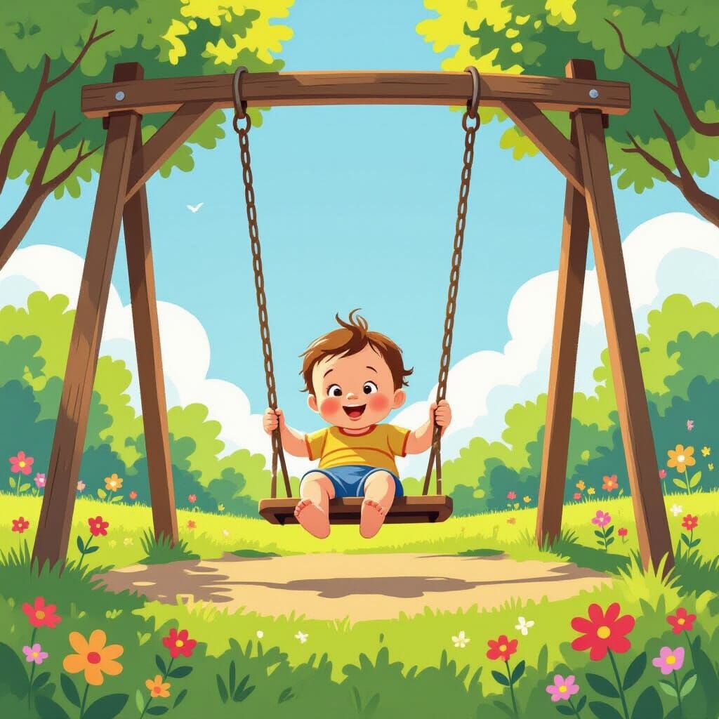 Joyful Baby Swinging in Playground, Children's Book Style