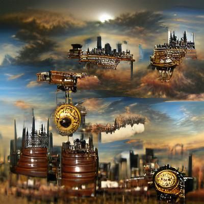 Photorealistic happy steampunk skyline
