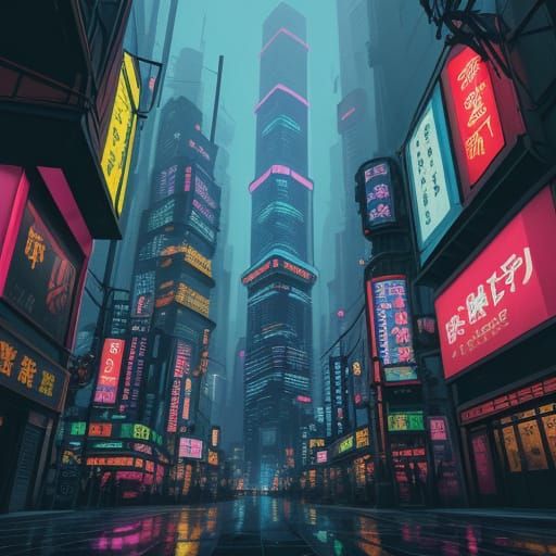 Vibrant Cyberpunk Tokyo Cityscape in Exaggerated Oil Paintin...