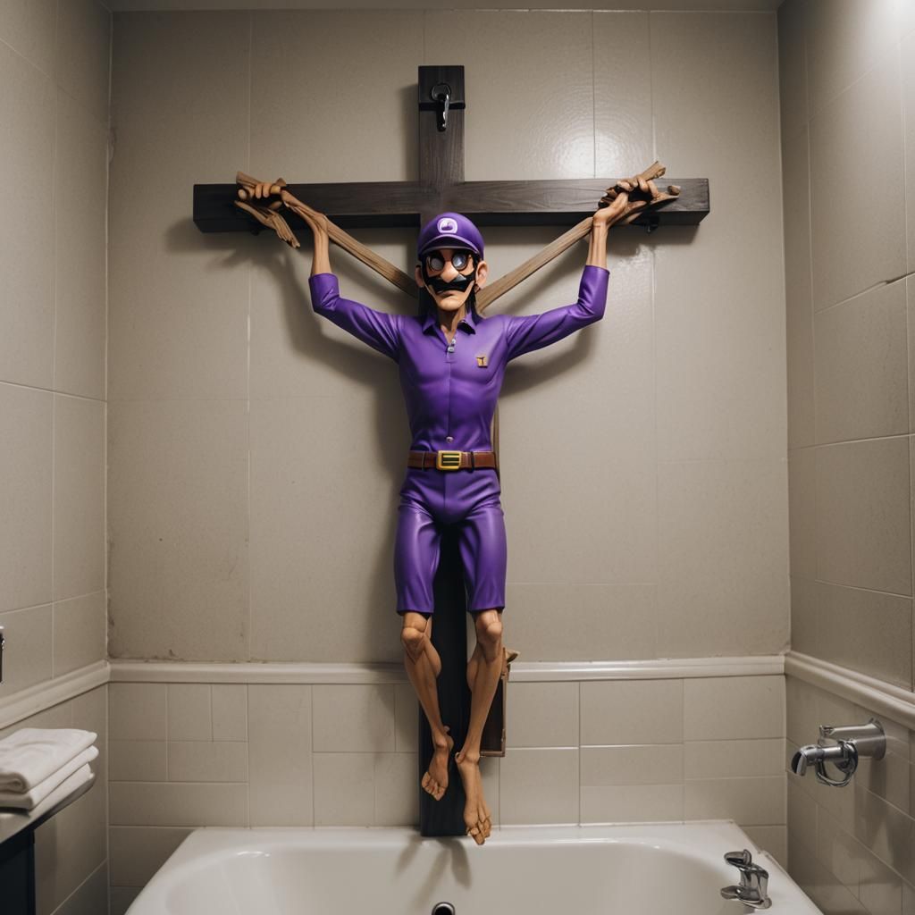 Waluigi crucified in a bathroom