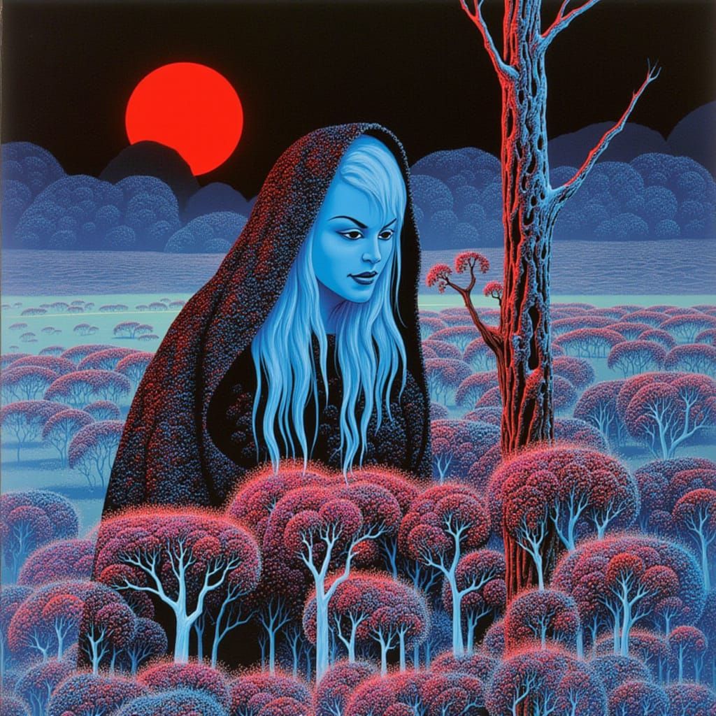 <lora:Eyvind Earle:1.0> A close up of a woman with blue skin and light blue hair wearing a black woven long hooded robe stands in a great pl...