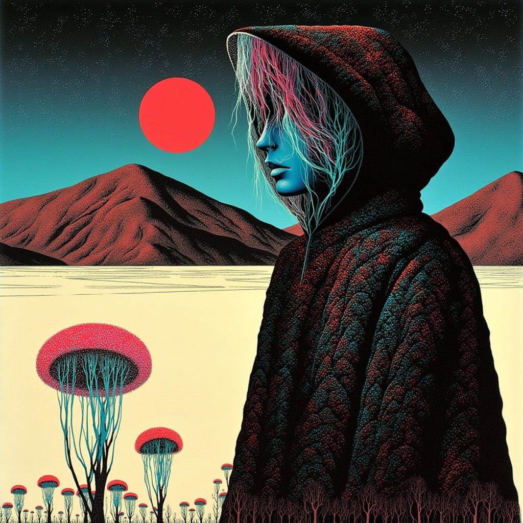 <lora:Eyvind Earle:1.0> A close up of a woman with blue skin and light blue hair wearing a black woven long hooded robe stands in a great pl...