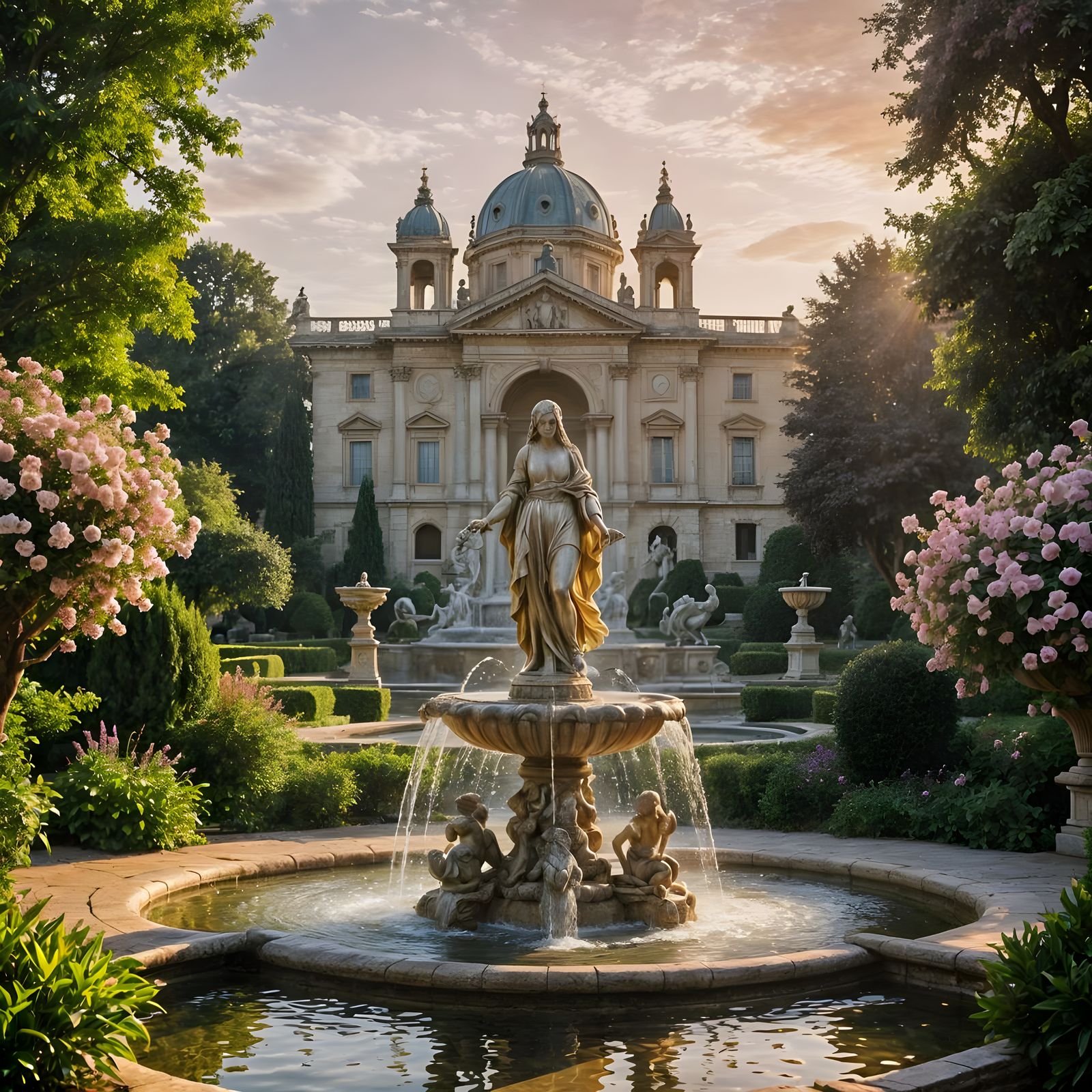 Renaissance Fountain in French Garden at Golden Hour
